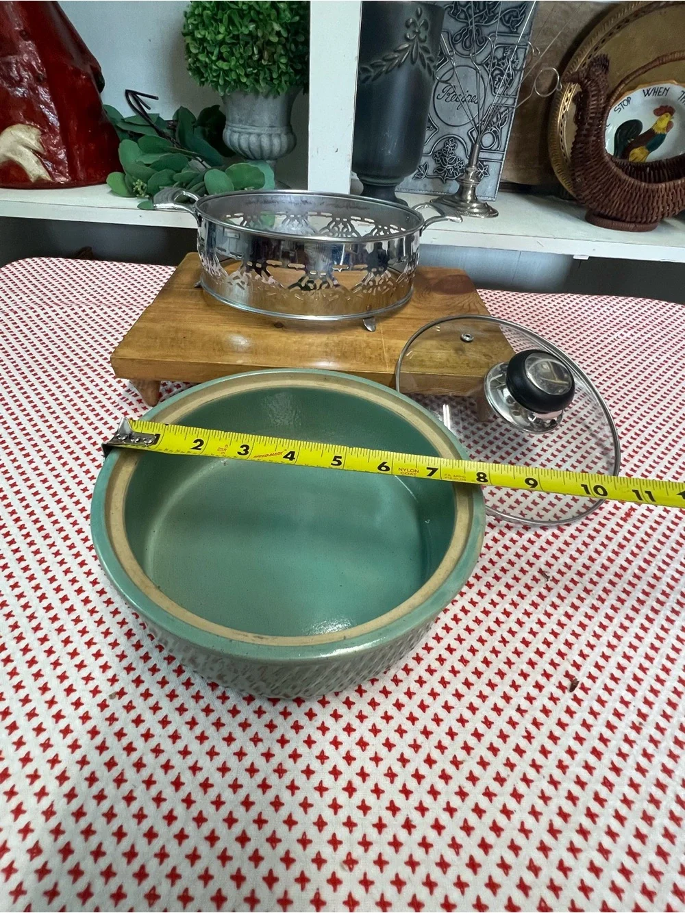 Vintage oven proof USA stoneware dish with metal holder grandma core cookware
